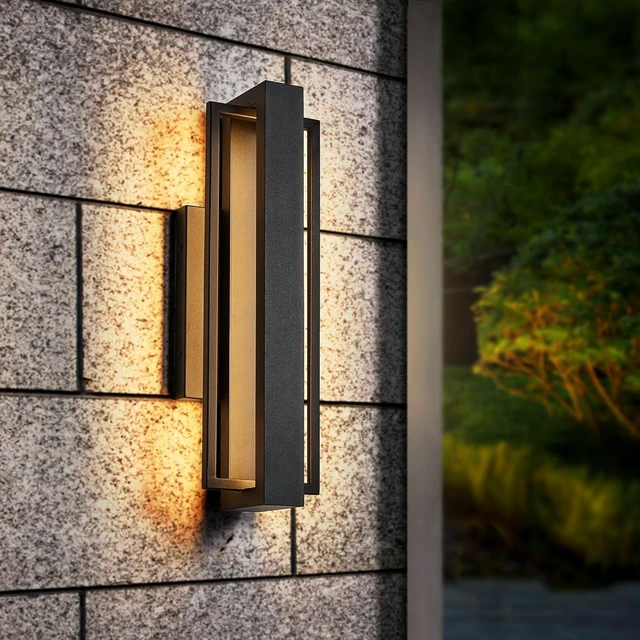Alt view image 5 of 7 - Tarentlight Double Square Frame Outdoor LED Wall Light, 15 Inch Textured Black Wall Sconce, Sleek Modern Light Fixture, Integrated LED 3000K 16W, Outside Lights for Patio, Porch, Front Door or Garage
