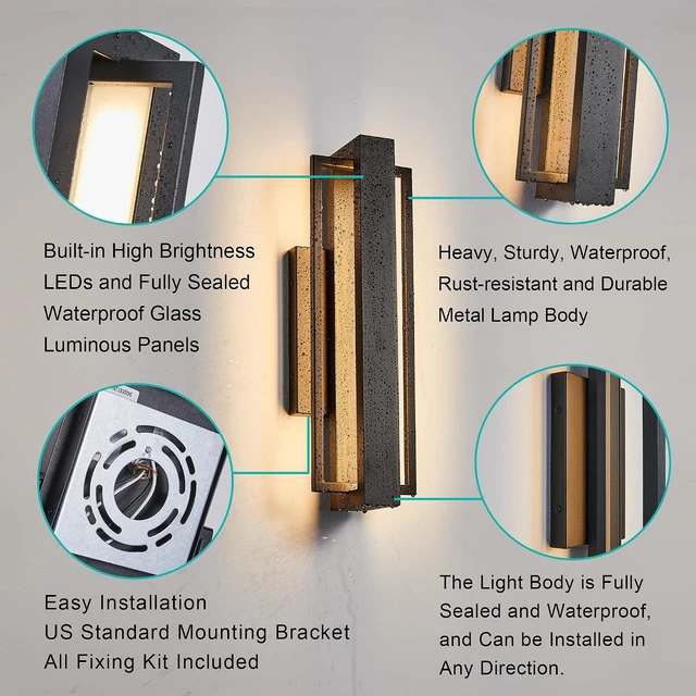 Alt view image 6 of 7 - Tarentlight Double Square Frame Outdoor LED Wall Light, 15 Inch Textured Black Wall Sconce, Sleek Modern Light Fixture, Integrated LED 3000K 16W, Outside Lights for Patio, Porch, Front Door or Garage