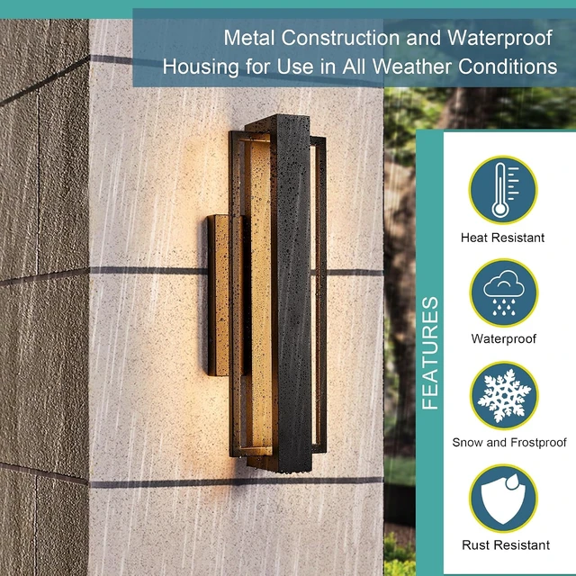 Alt view image 3 of 7 - Tarentlight Double Square Frame Outdoor LED Wall Light, 15 Inch Textured Black Wall Sconce, Sleek Modern Light Fixture, Integrated LED 3000K 16W, Outside Lights for Patio, Porch, Front Door or Garage