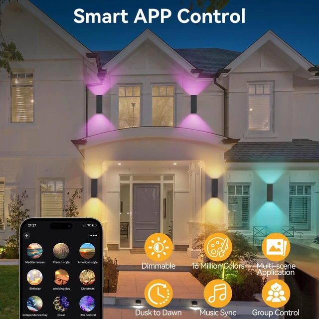 Alt view image 2 of 7 - Smart Outdoor Wall Light, RGBCW Up and Down Light, Black, 2 Pack