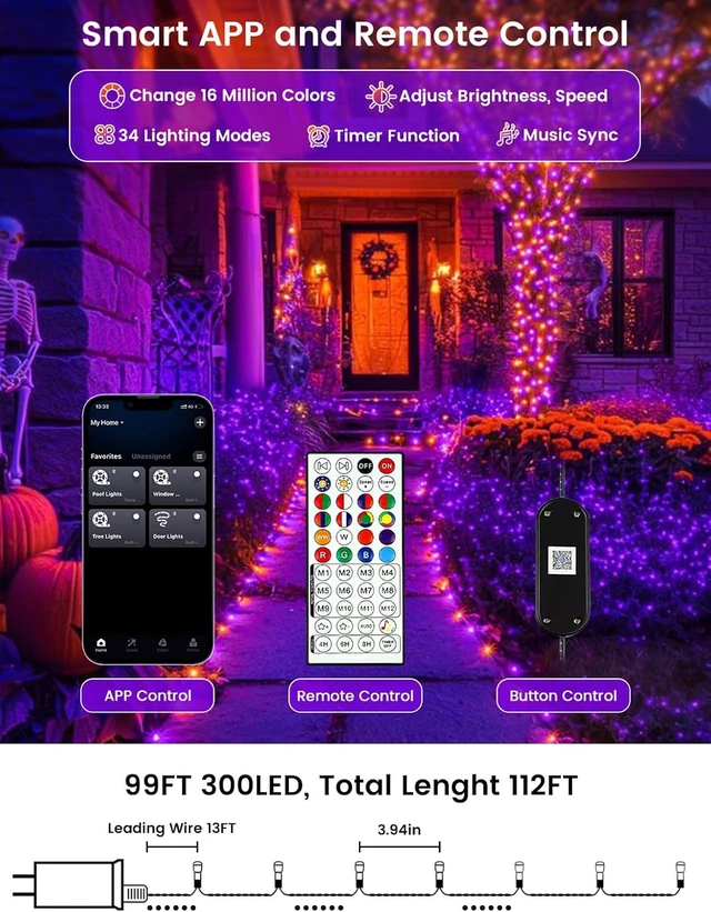 Alt view image 3 of 7 - Smart Color Changing Halloween Lights String 112FT 300 LED APP and Remote