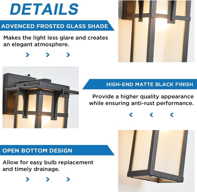 Alt view image 4 of 7 - 2 Pack Porch Lights Wall Mount Outdoor Wall Lantern Small Waterproof Aluminum with Frosted Glass Exterior Light Fixtures Asian Outdoor Sconces for Outside House Patio Garage Lighting, Black