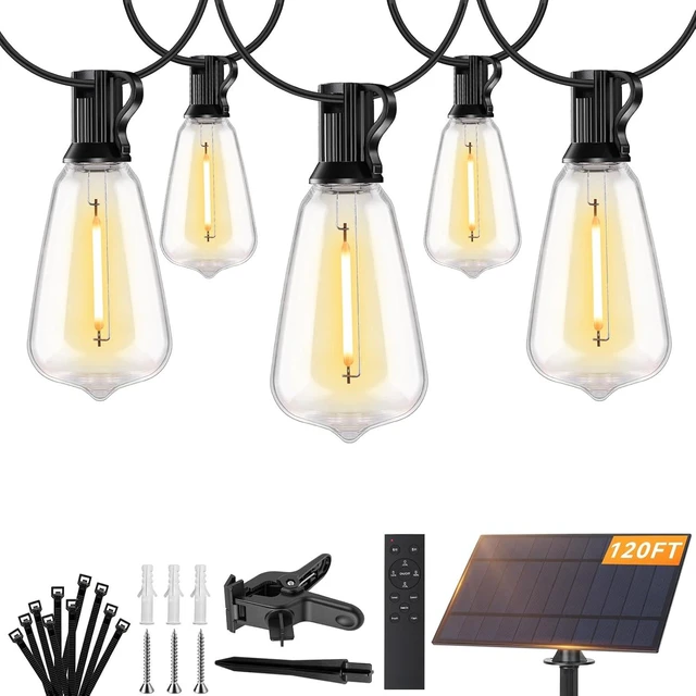 Main image of Brightever 120FT Solar String Lights Outdoor Waterproof, Patio Lights Solar Powered with Remote, 50+2 Shatterproof ST38 LED Bulbs, Dimmable&3 Lighting Modes, Hanging Outdoor Lights for Outside, Party