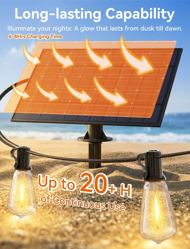 Alt view image 3 of 7 - Brightever 120FT Solar String Lights Outdoor Waterproof, Patio Lights Solar Powered with Remote, 50+2 Shatterproof ST38 LED Bulbs, Dimmable&3 Lighting Modes, Hanging Outdoor Lights for Outside, Party