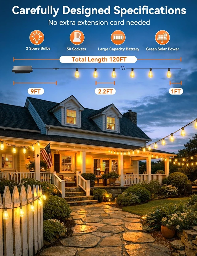 Alt view image 2 of 7 - Brightever 120FT Solar String Lights Outdoor Waterproof, Patio Lights Solar Powered with Remote, 50+2 Shatterproof ST38 LED Bulbs, Dimmable&3 Lighting Modes, Hanging Outdoor Lights for Outside, Party