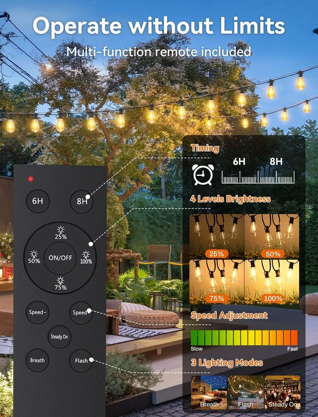 Alt view image 4 of 7 - Brightever 120FT Solar String Lights Outdoor Waterproof, Patio Lights Solar Powered with Remote, 50+2 Shatterproof ST38 LED Bulbs, Dimmable&3 Lighting Modes, Hanging Outdoor Lights for Outside, Party