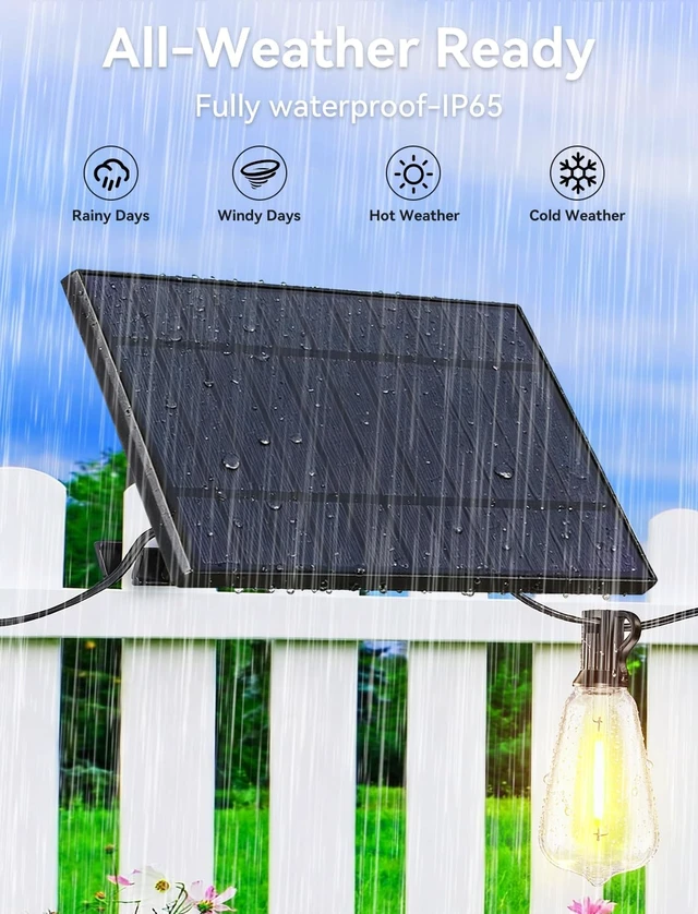 Alt view image 5 of 7 - Brightever 120FT Solar String Lights Outdoor Waterproof, Patio Lights Solar Powered with Remote, 50+2 Shatterproof ST38 LED Bulbs, Dimmable&3 Lighting Modes, Hanging Outdoor Lights for Outside, Party