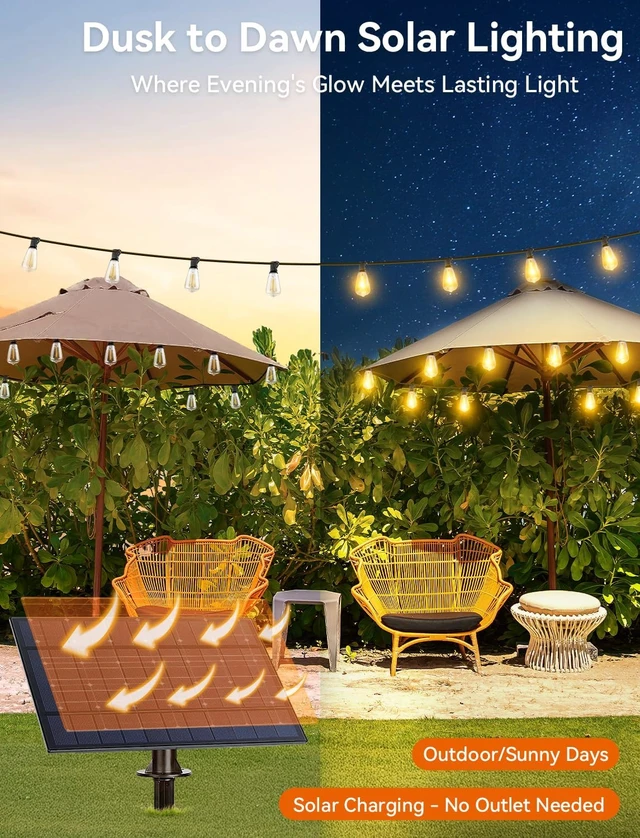 Alt view image 6 of 7 - Brightever 120FT Solar String Lights Outdoor Waterproof, Patio Lights Solar Powered with Remote, 50+2 Shatterproof ST38 LED Bulbs, Dimmable&3 Lighting Modes, Hanging Outdoor Lights for Outside, Party
