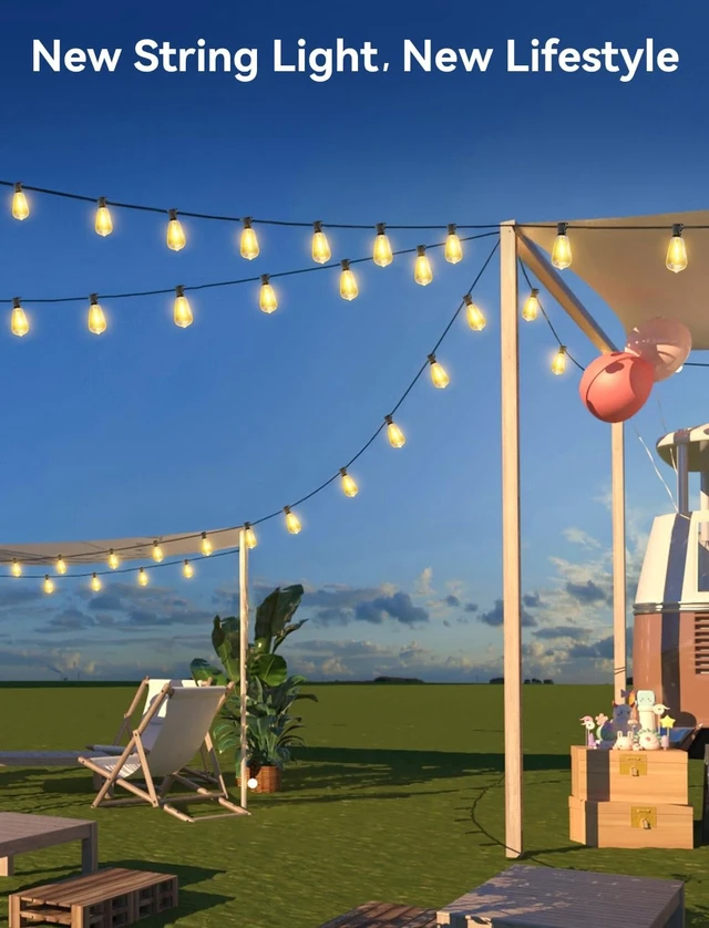 Alt view image 7 of 7 - Brightever 120FT Solar String Lights Outdoor Waterproof, Patio Lights Solar Powered with Remote, 50+2 Shatterproof ST38 LED Bulbs, Dimmable&3 Lighting Modes, Hanging Outdoor Lights for Outside, Party