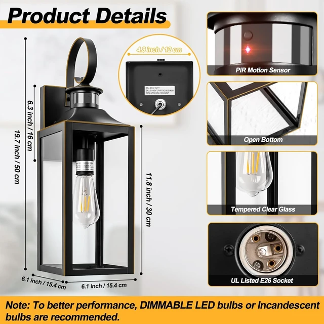 Alt view image 2 of 7 - 20" Motion Sensor Outdoor Wall Lights, Dawn to Dusk Outdoor Light Fixture
