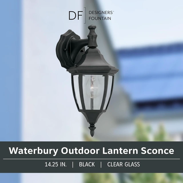 Alt view image 2 of 6 - Designers Fountain Waterbury Outdoor Light Fixture, 14.25 Inch Exterior Wall Lantern Sconce for Front Door, Patio and Porch, Black, 2461-BK