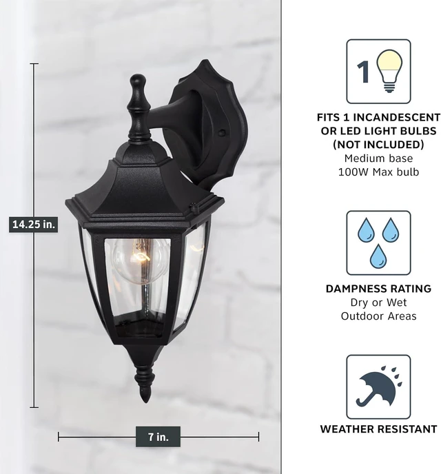 Alt view image 4 of 6 - Designers Fountain Waterbury Outdoor Light Fixture, 14.25 Inch Exterior Wall Lantern Sconce for Front Door, Patio and Porch, Black, 2461-BK