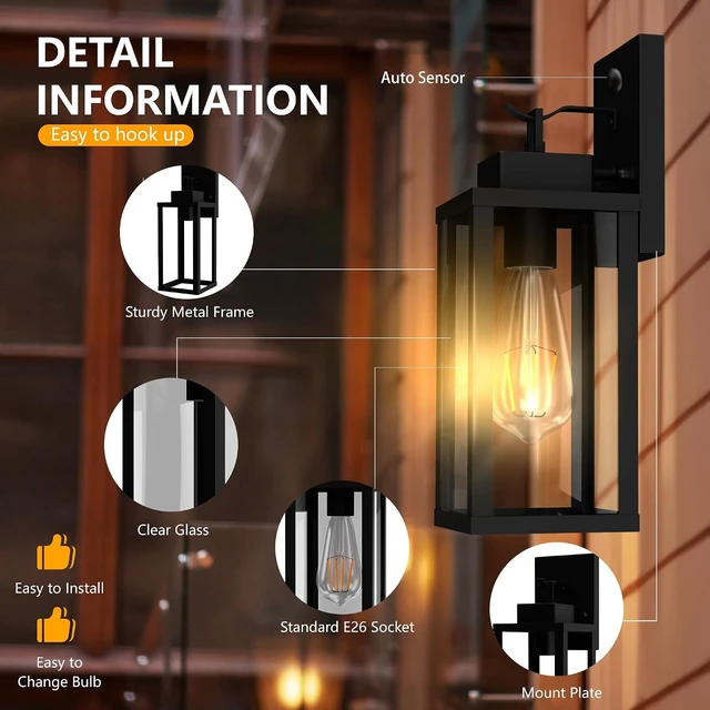 Alt view image 5 of 7 - 14.6 Inch Motion Sensor Dawn to Dusk Outdoor Sensor Light Fixture Anti-Rust Exterior Wall Lighting Waterproof Outdoor Wall Lantern for Porch Patio Front Door Garage - 2 Pack