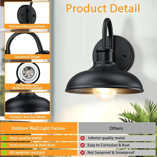 Alt view image 3 of 7 - Gooseneck Outdoor Light Fixtures, Farmhouse Barn Lights for Porch, Black