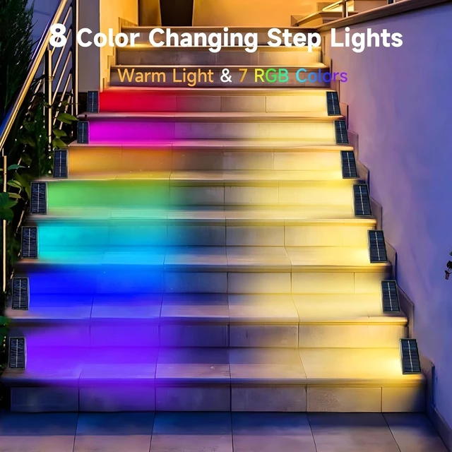 Alt view image 2 of 7 - Solar Step Lights Outdoor, 6 Pack Solar Stair Lights Waterproof, Warm White/7 RGB Colors Deck Lighting for Outside Garden Stair, Deck, Fence, Front Step, Front Porch, and Patio Decor