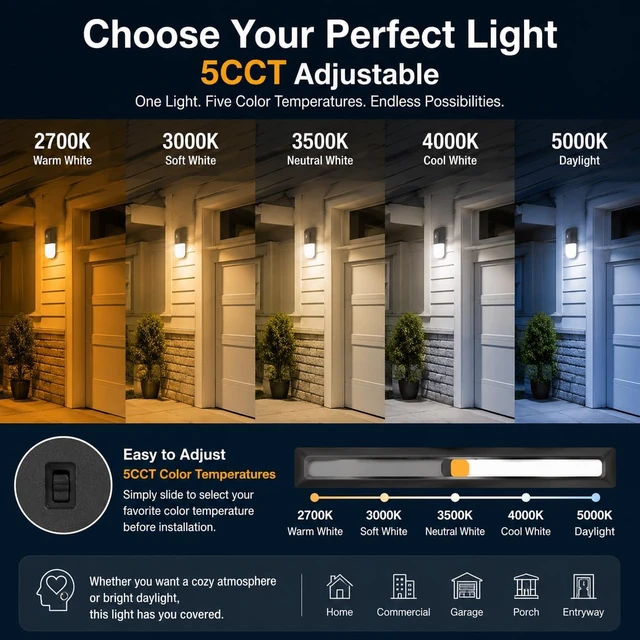 Alt view image 5 of 7 - rosykite LED Outdoor Wall Light 2 Pack, Dusk to Dawn Outdoor Lighting, 5CCT Selectable 2700K 3000K 3500K 4000K 5000K,ETL & DLC Listed Triac Dimmable Security Lighting IP65 for Garage Barn Warehouse