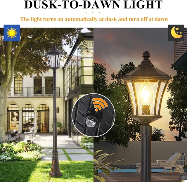 Alt view image 2 of 7 - Outdoor Lamp Post Lights with Outlet, Dusk to Dawn Pole Lamp with Patterned Glass, Aluminum Waterproof Outside Street Light with Plug, Hardwired Black Light Pole for Backyard, Garden, Driveway