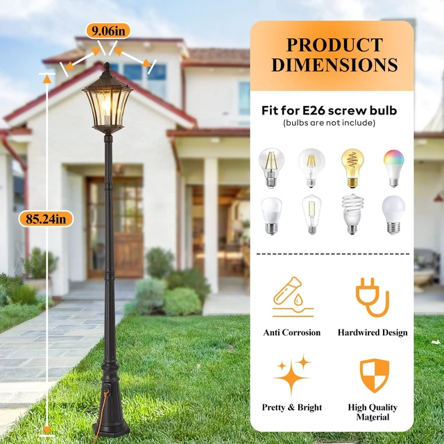 Alt view image 3 of 7 - Outdoor Lamp Post Lights with Outlet, Dusk to Dawn Pole Lamp with Patterned Glass, Aluminum Waterproof Outside Street Light with Plug, Hardwired Black Light Pole for Backyard, Garden, Driveway