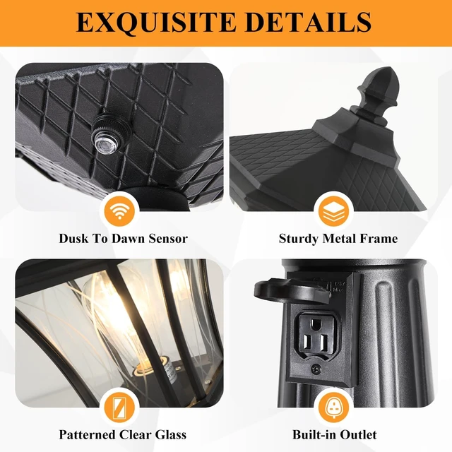 Alt view image 4 of 7 - Outdoor Lamp Post Lights with Outlet, Dusk to Dawn Pole Lamp with Patterned Glass, Aluminum Waterproof Outside Street Light with Plug, Hardwired Black Light Pole for Backyard, Garden, Driveway
