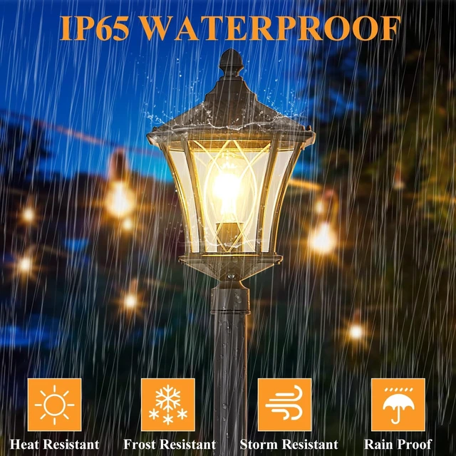 Alt view image 6 of 7 - Outdoor Lamp Post Lights with Outlet, Dusk to Dawn Pole Lamp with Patterned Glass, Aluminum Waterproof Outside Street Light with Plug, Hardwired Black Light Pole for Backyard, Garden, Driveway
