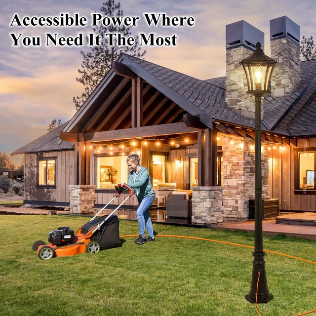 Alt view image 7 of 7 - Outdoor Lamp Post Lights with Outlet, Dusk to Dawn Pole Lamp with Patterned Glass, Aluminum Waterproof Outside Street Light with Plug, Hardwired Black Light Pole for Backyard, Garden, Driveway