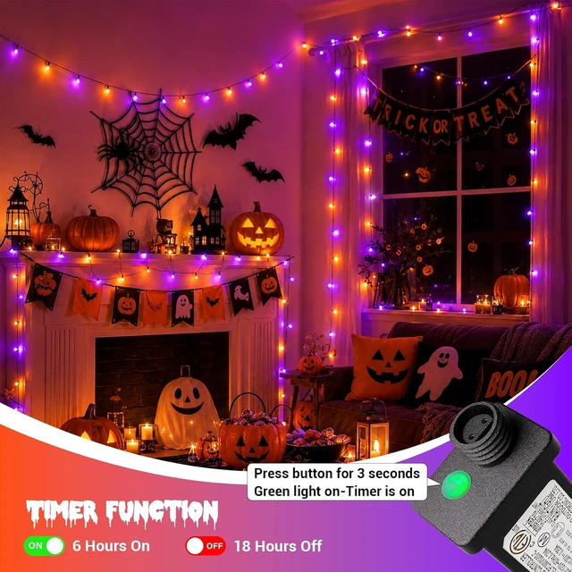 Alt view image 3 of 7 - YEGUO 500 LED Halloween String Lights Outdoor Waterproof, 165ft Green Wire Orange and Purple Tree Lights Indoor with Timer Memory 8 Modes for Patio Garden Halloween Decorations