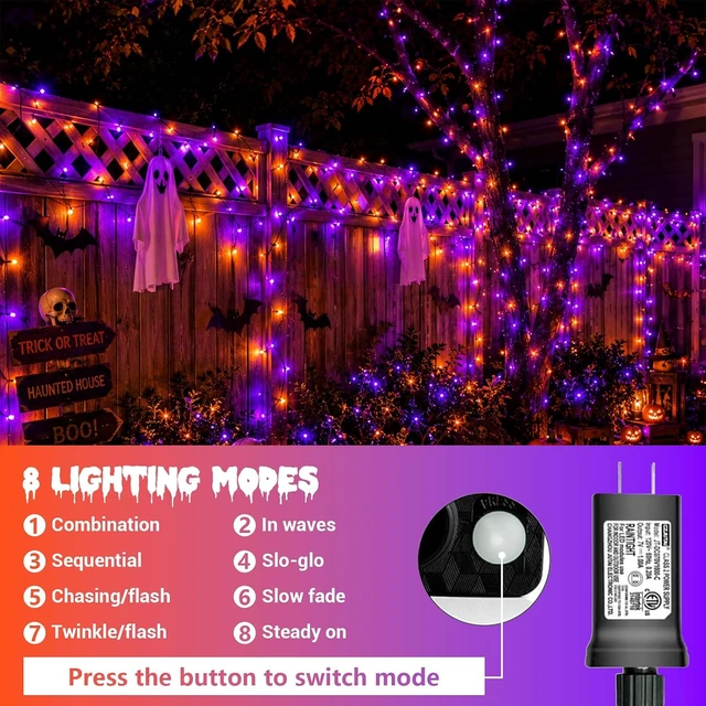 Alt view image 6 of 7 - YEGUO 500 LED Halloween String Lights Outdoor Waterproof, 165ft Green Wire Orange and Purple Tree Lights Indoor with Timer Memory 8 Modes for Patio Garden Halloween Decorations
