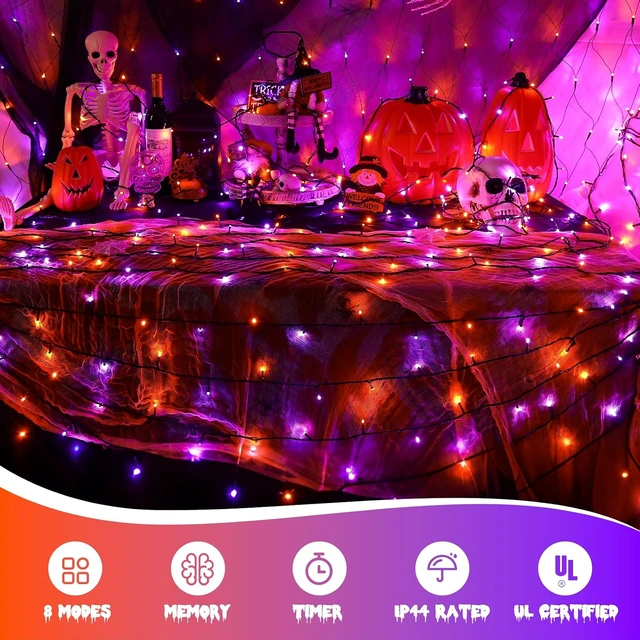 Alt view image 7 of 7 - YEGUO 500 LED Halloween String Lights Outdoor Waterproof, 165ft Green Wire Orange and Purple Tree Lights Indoor with Timer Memory 8 Modes for Patio Garden Halloween Decorations