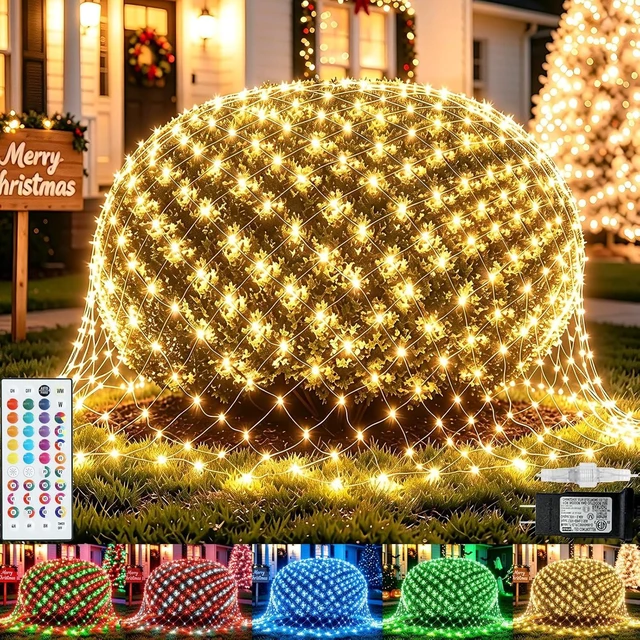 Main image of Pooqla RGB Christmas Net Lights Outdoor Mesh Lights 9.8 x 6.6ft Green Wire