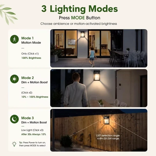 Alt view image 3 of 7 - Solar Porch Lights Outdoor 2 Pack, Motion Sensor Solar Wall Lights with 3 Lighting Modes, Dusk to Dawn Waterproof Wall Lanterns Sconce for Front Door, Garage, Fence, Patio - 7.5Inch