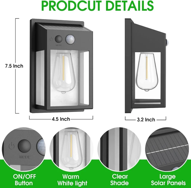Alt view image 4 of 7 - Solar Porch Lights Outdoor 2 Pack, Motion Sensor Solar Wall Lights with 3 Lighting Modes, Dusk to Dawn Waterproof Wall Lanterns Sconce for Front Door, Garage, Fence, Patio - 7.5Inch