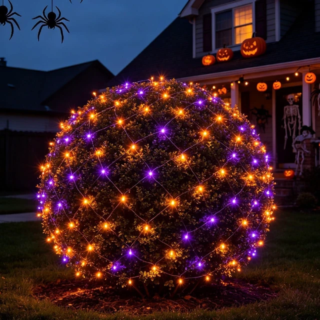 Main image of HISHINY LED Purple and Orange Halloween Net Lights Outdoor,5ftx5ft 100LED Black Wire, Connectable Indoor Outdoor Bush Mesh Net Lights String for Halloween Christmas Party,Shrub,Yard,Tree