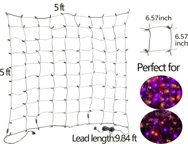 Alt view image 5 of 7 - HISHINY LED Purple and Orange Halloween Net Lights Outdoor,5ftx5ft 100LED Black Wire, Connectable Indoor Outdoor Bush Mesh Net Lights String for Halloween Christmas Party,Shrub,Yard,Tree