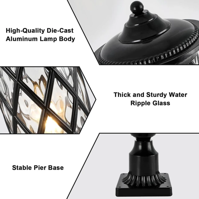 Alt view image 6 of 7 - NLIEOPDA Industrial Exterior Lamp Post Lighting Fixtures Waterproof Post Light Outdoor with 3-Inch Pier Mount Base,Water Glass Lampshade 60W E26 Retro Outdoor Pillar Lights for Yard,Porch,Patio