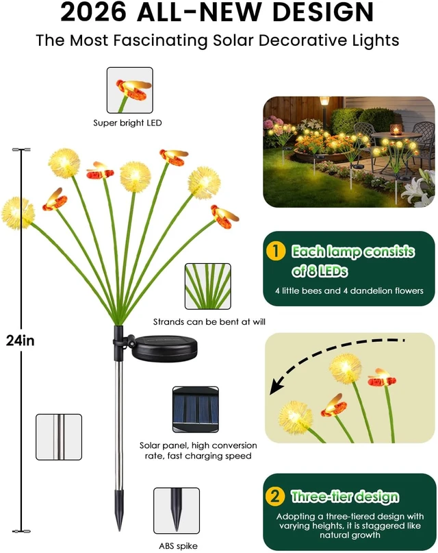 Alt view image 4 of 6 - EEW Solar Garden Lights Outdoor 6 Pack 48 LED Swaying Dandelion Bee Lights