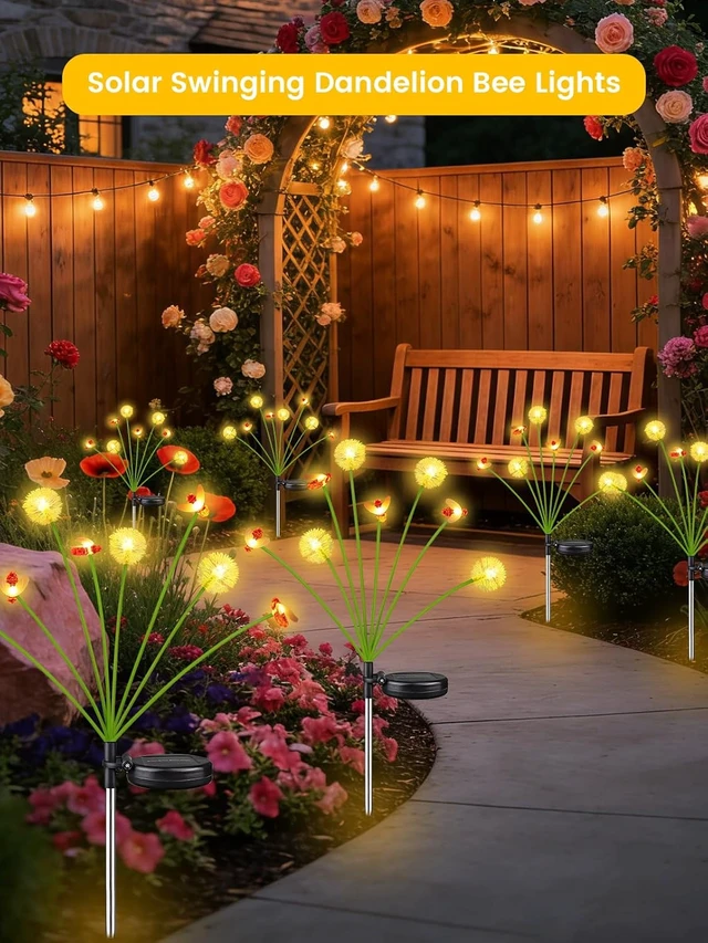 Alt view image 6 of 6 - EEW Solar Garden Lights Outdoor 6 Pack 48 LED Swaying Dandelion Bee Lights