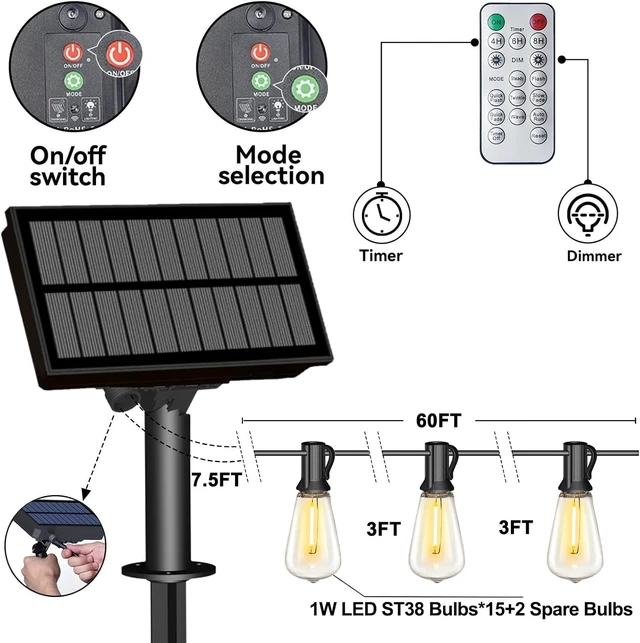 Alt view image 2 of 7 - Stright 60FT Solar String Lights Weatherproof 15 LED for Patio Holiday