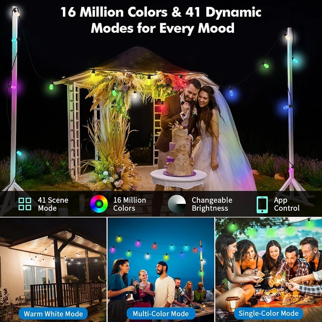 Alt view image 2 of 7 - TviewSmart Outdoor String Lights, 52FT 20 RGBW LED Bulbs, Patio Lights