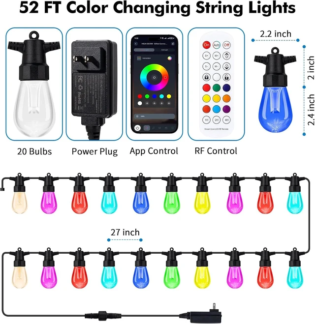 Alt view image 3 of 7 - TviewSmart Outdoor String Lights, 52FT 20 RGBW LED Bulbs, Patio Lights
