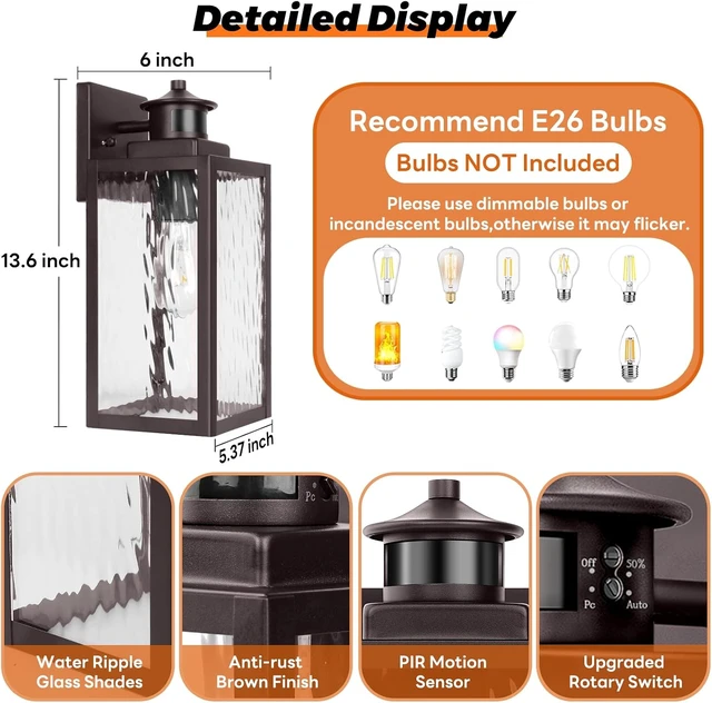 Alt view image 4 of 7 - 13.6" Motion Sensor Outdoor Wall Sconce Lantern, Exterior Waterproof Wall Lights Fixtures with Water-Rippled Glass, Brown Outside Mount Lighting for House, Porch, Garage, Patio, Bulbs Not Included