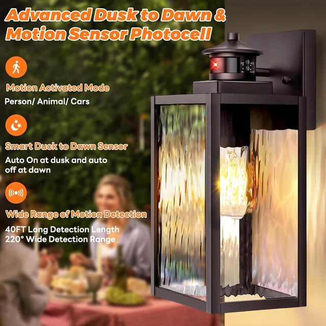 Alt view image 6 of 7 - 13.6" Motion Sensor Outdoor Wall Sconce Lantern, Exterior Waterproof Wall Lights Fixtures with Water-Rippled Glass, Brown Outside Mount Lighting for House, Porch, Garage, Patio, Bulbs Not Included