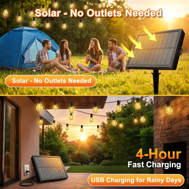 Alt view image 3 of 7 - 100FT Solar String Lights Outdoor, IP65 Waterproof Shatterproof Dimmable LED Bulbs, Solar & USB Powered, 20+ Hrs Long Lasting, Hanging Lights for Outside Patio, Backyard, Garden, Wedding, Party Decor