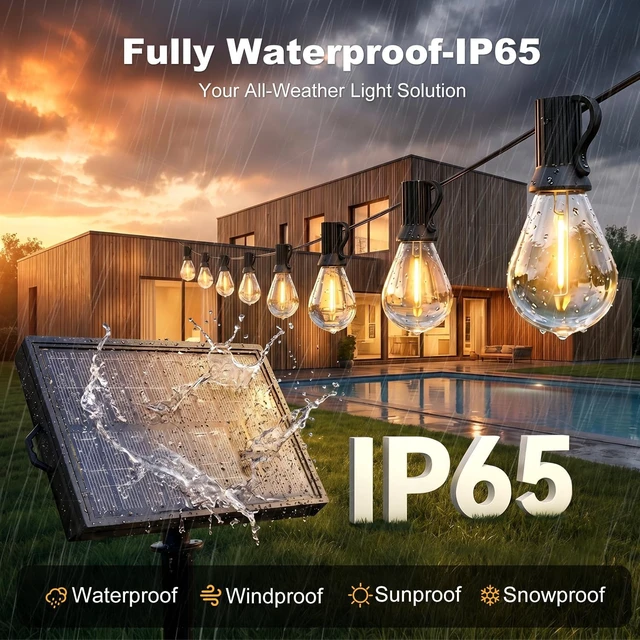 Alt view image 4 of 7 - 100FT Solar String Lights Outdoor, IP65 Waterproof Shatterproof Dimmable LED Bulbs, Solar & USB Powered, 20+ Hrs Long Lasting, Hanging Lights for Outside Patio, Backyard, Garden, Wedding, Party Decor