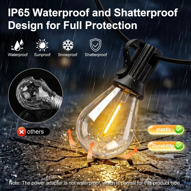 Alt view image 6 of 7 - 100FT Solar String Lights Outdoor, IP65 Waterproof Shatterproof Dimmable LED Bulbs, Solar & USB Powered, 20+ Hrs Long Lasting, Hanging Lights for Outside Patio, Backyard, Garden, Wedding, Party Decor