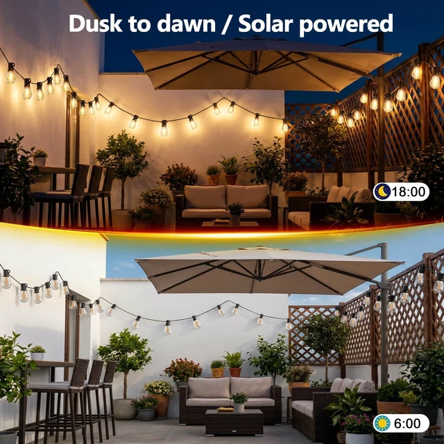 Alt view image 7 of 7 - 100FT Solar String Lights Outdoor, IP65 Waterproof Shatterproof Dimmable LED Bulbs, Solar & USB Powered, 20+ Hrs Long Lasting, Hanging Lights for Outside Patio, Backyard, Garden, Wedding, Party Decor