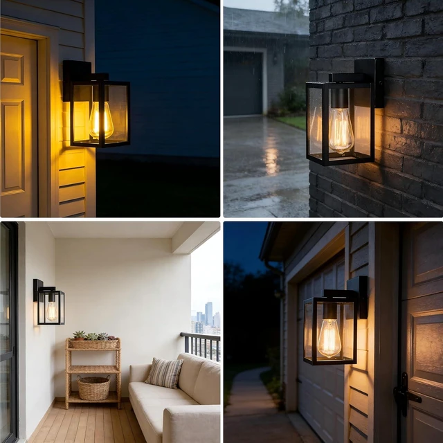 Alt view image 5 of 7 - 2 Pack Small Outdoor Sconce Lights,9 Inch Outdoor Wall Lantern Light,Exterior Sconce Metal and Glass Small Porch Light, Black Outdoor Lanterns for Front Porch Garage Balcony