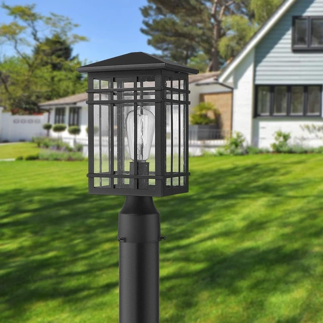 Main image of Outdoor Post Lights Fixture - Exterior Post Lantern with Seeded Glass in Black Finish - Pillar Light Ideal for Patio, Pathway, and Driveway - Outdoor Pole Lights for Porch Post Lighting, Black