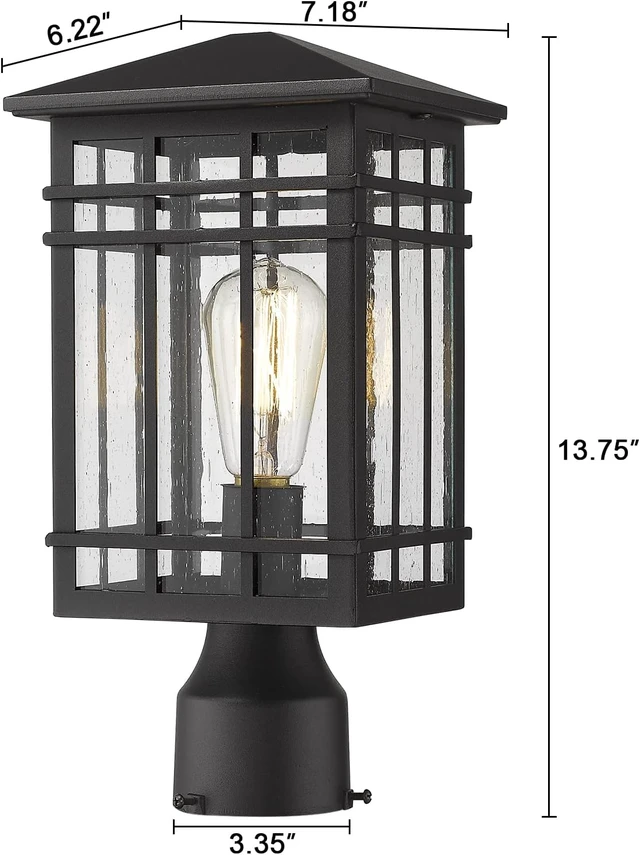 Alt view image 2 of 7 - Outdoor Post Lights Fixture - Exterior Post Lantern with Seeded Glass in Black Finish - Pillar Light Ideal for Patio, Pathway, and Driveway - Outdoor Pole Lights for Porch Post Lighting, Black