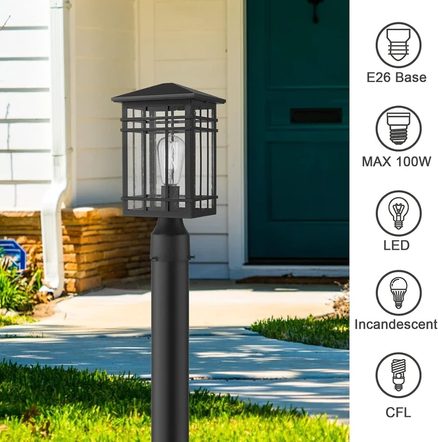 Alt view image 3 of 7 - Outdoor Post Lights Fixture - Exterior Post Lantern with Seeded Glass in Black Finish - Pillar Light Ideal for Patio, Pathway, and Driveway - Outdoor Pole Lights for Porch Post Lighting, Black