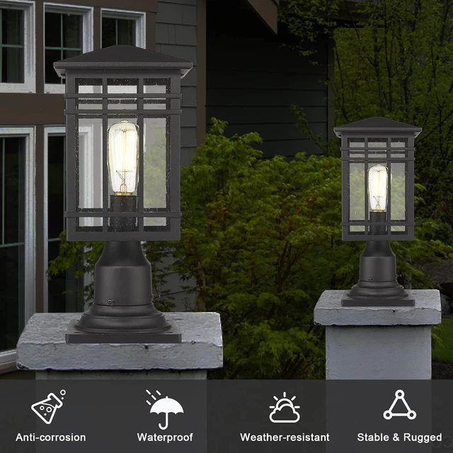 Alt view image 4 of 7 - Outdoor Post Lights Fixture - Exterior Post Lantern with Seeded Glass in Black Finish - Pillar Light Ideal for Patio, Pathway, and Driveway - Outdoor Pole Lights for Porch Post Lighting, Black